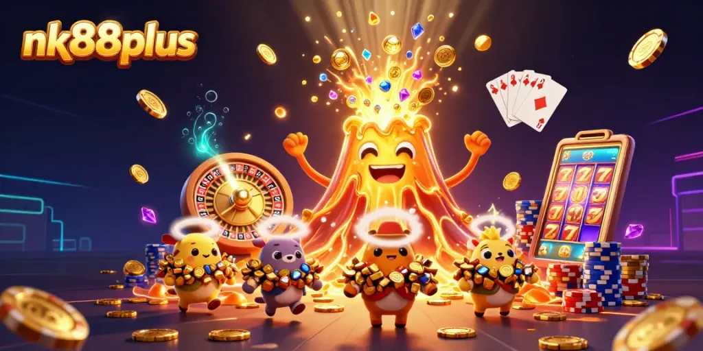 Experience the thrill of nk88plus with this dynamic casino illustration showcasing treasures and excitement.