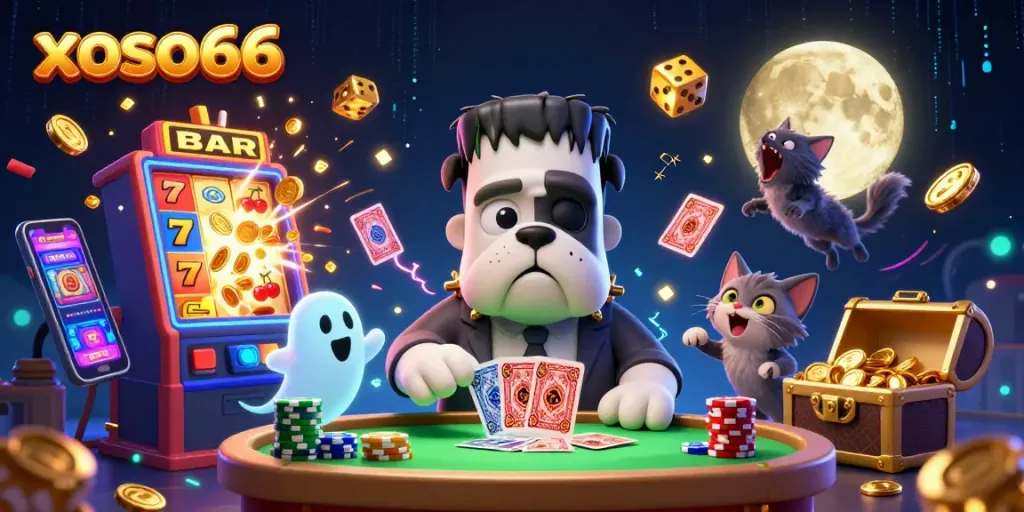 xoso66 presents a lively casino scene with characters and games, showcasing thrilling gambling action.