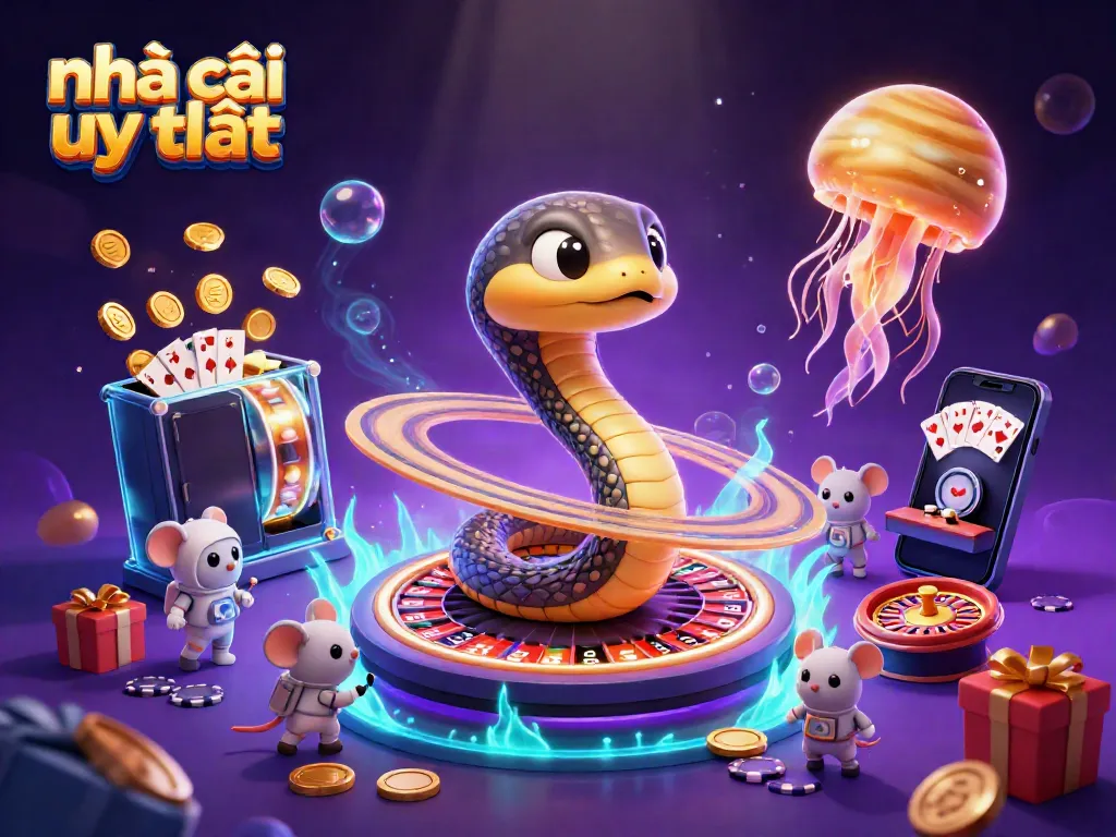 Engaging casino scene highlighting nhà cái uy tín with features like betting astronaut mice, roulette, and golden jellyfish.