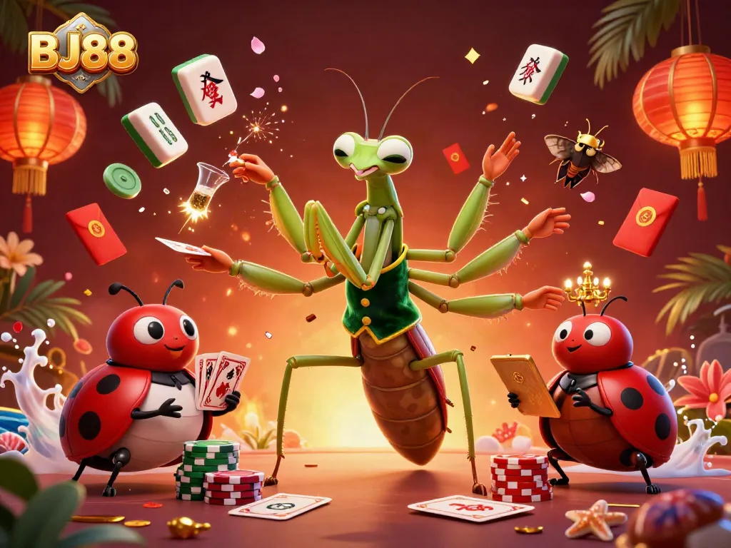 BJ88 engages players with a vibrant casino scene featuring a card sharp, pit boss, and dynamic gaming elements.