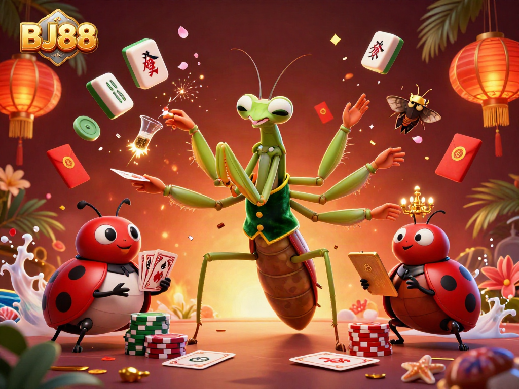 BJ88 engages players with a vibrant casino scene featuring a card sharp, pit boss, and dynamic gaming elements.