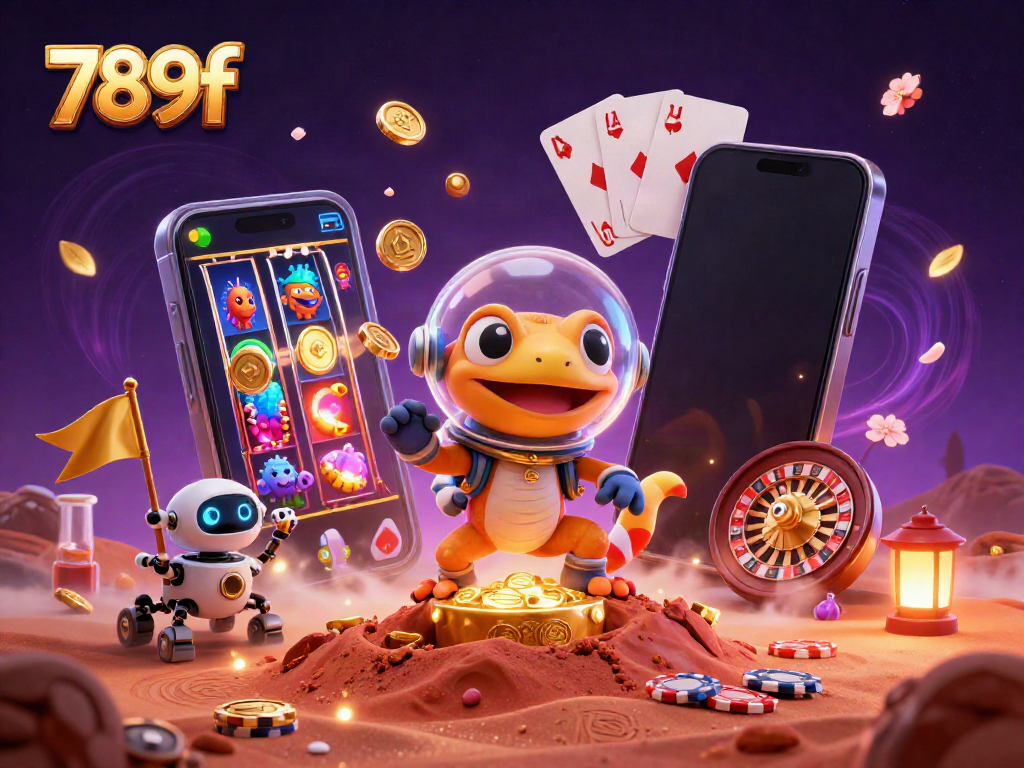 Experience 789f's exciting casino world through a vibrant illustration of a Martian gecko and its robot friend.