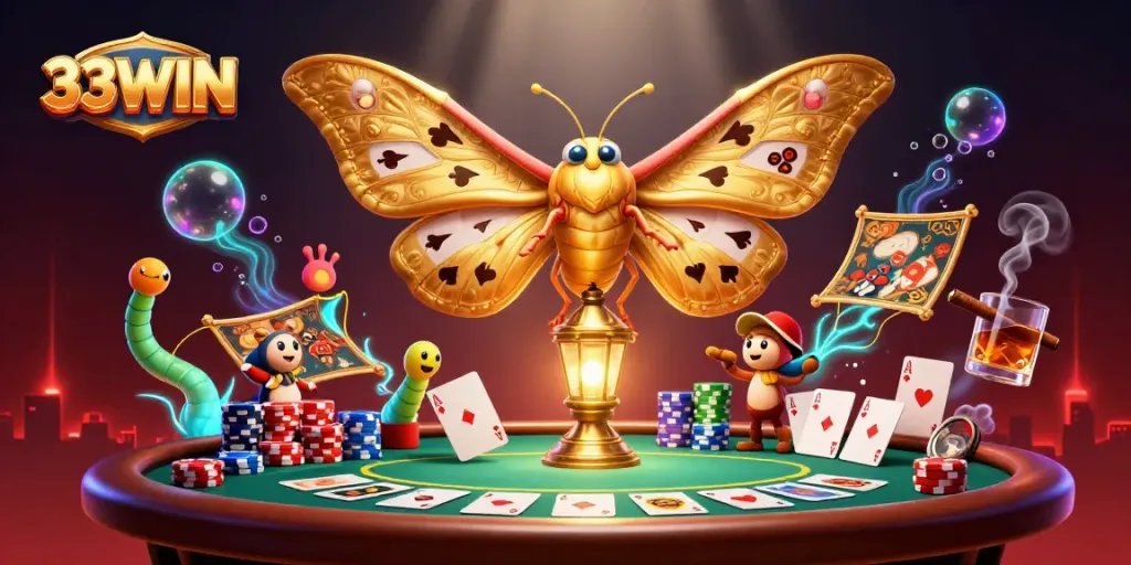 Engage with 33WIN's vibrant gaming scene featuring casino elements and a majestic golden moth.