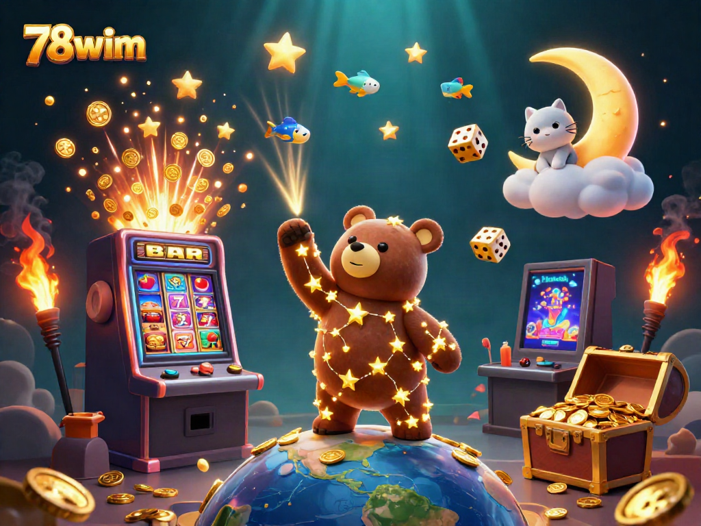 Engage in thrilling gameplay with 78wim, featuring a 3D star bear and dynamic casino elements.