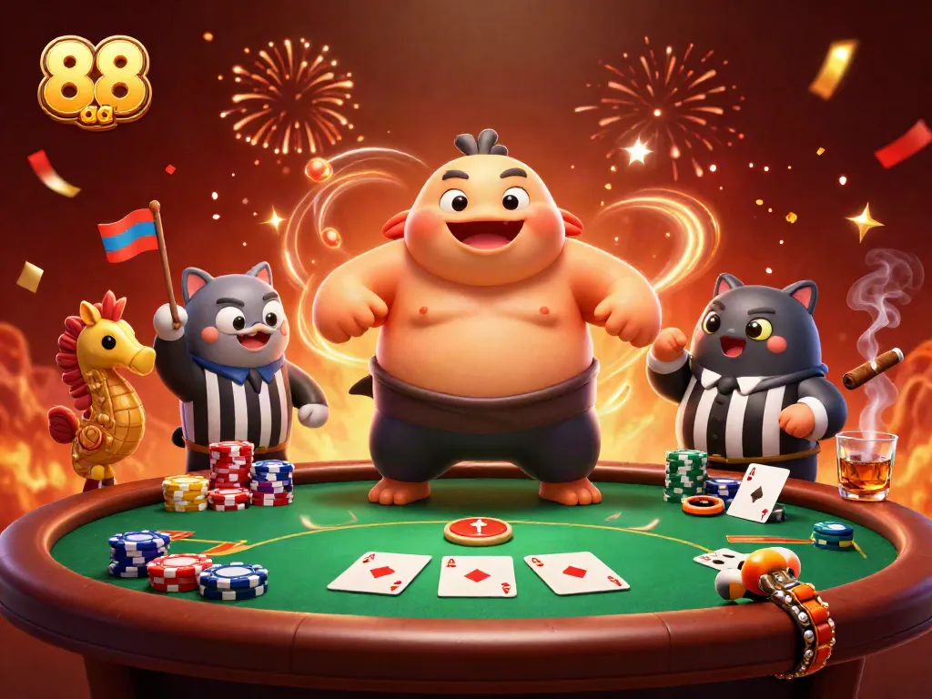 Experience fun with 88 aa casino games as fugu and friends enjoy a vibrant poker battle.