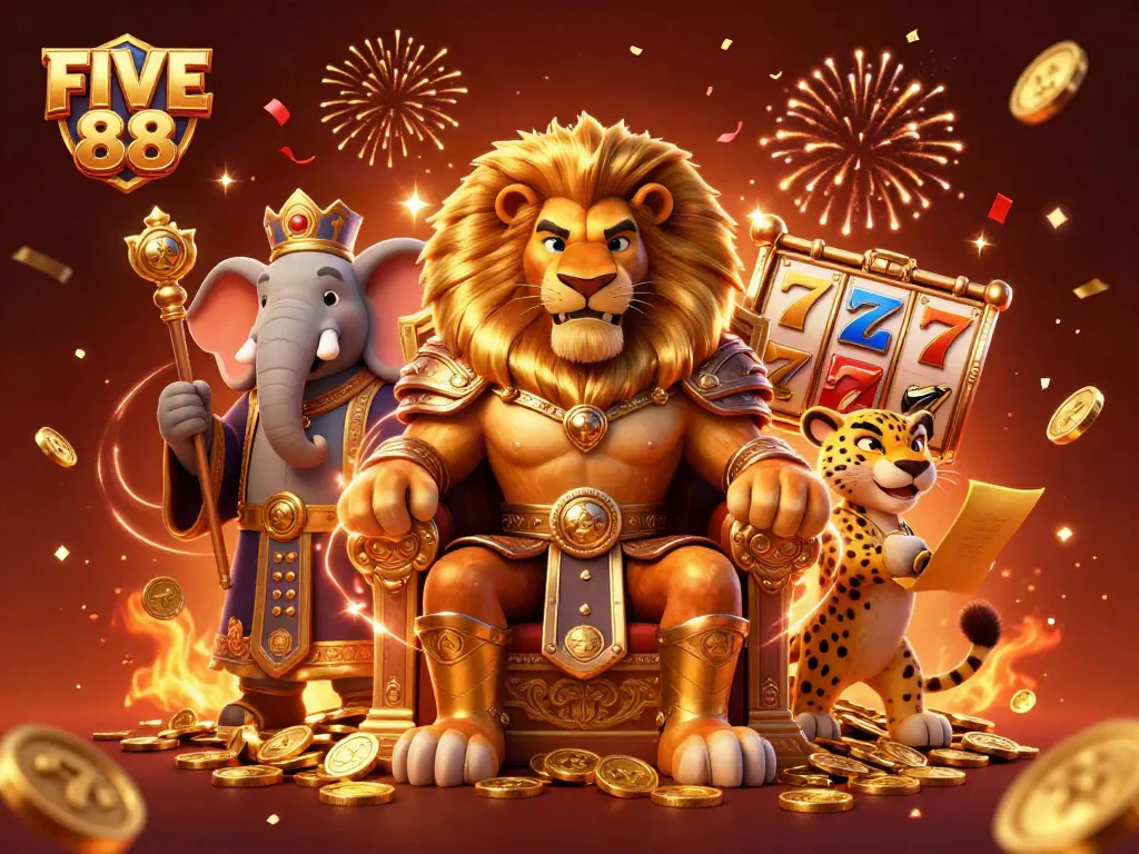 Experience thrilling adventures at FIVE 88 with epic lion king and vibrant slot reels in a captivating atmosphere.