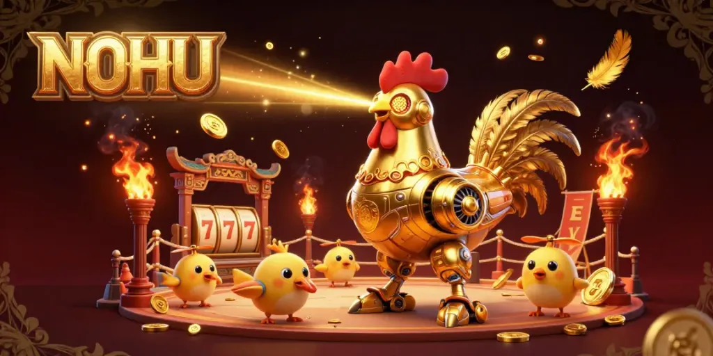 Experience thrilling gameplay with NOHU's vibrant golden rooster robot and slot game elements in action.
