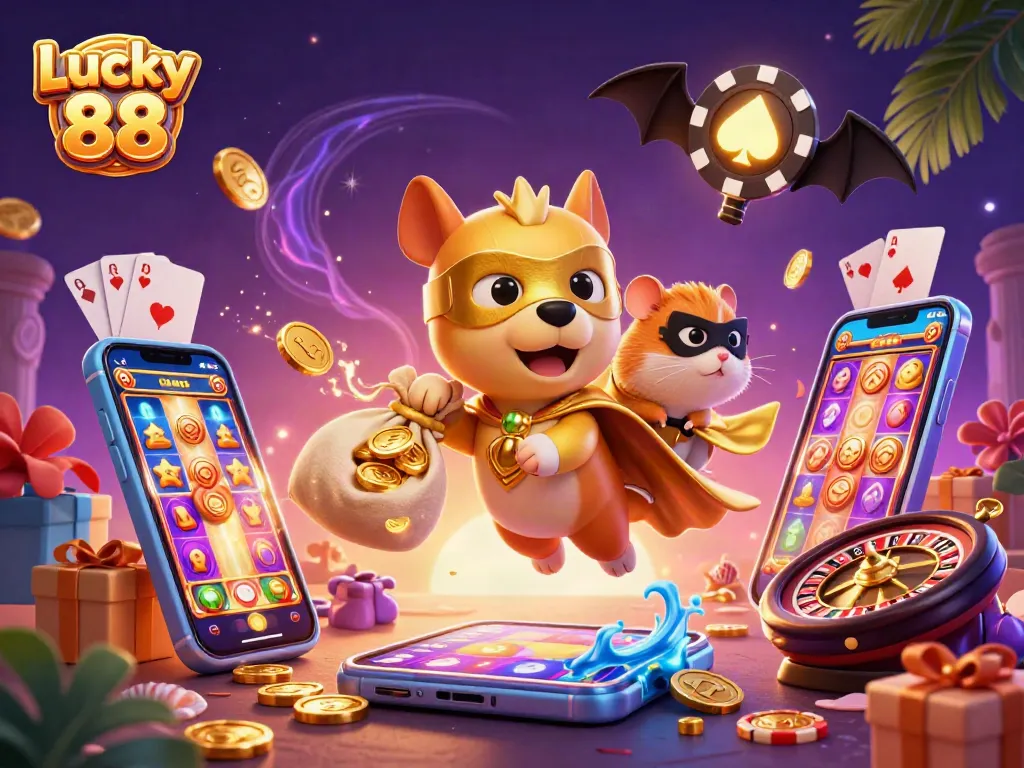 Experience thrilling wins with Lucky 88, featuring a colorful slot game action scene and playful characters.