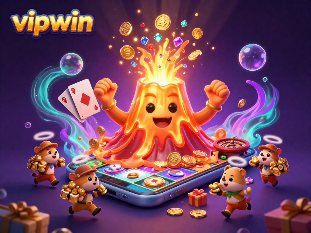 Experience thrilling wins at vipwin with a vibrant 3D casino adventure, featuring a golden volcano erupting treasures.