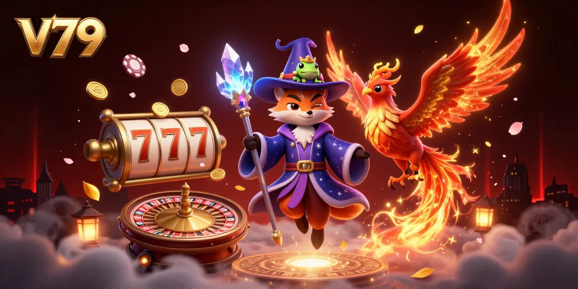 Experience the thrilling excitement at v79 with mystical characters above slot reels and roulette wheels.