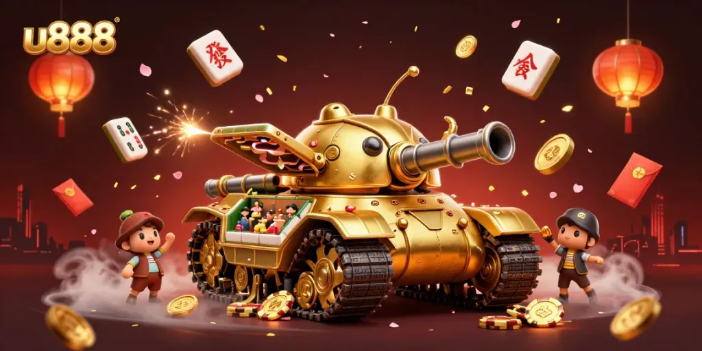 Engage in thrilling gaming at u888's dynamic 3D casino scene featuring a golden beetle tank.