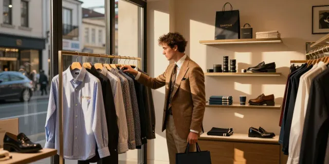 Men's classic clothing showcased in urban boutique with tailored suits and accessories.