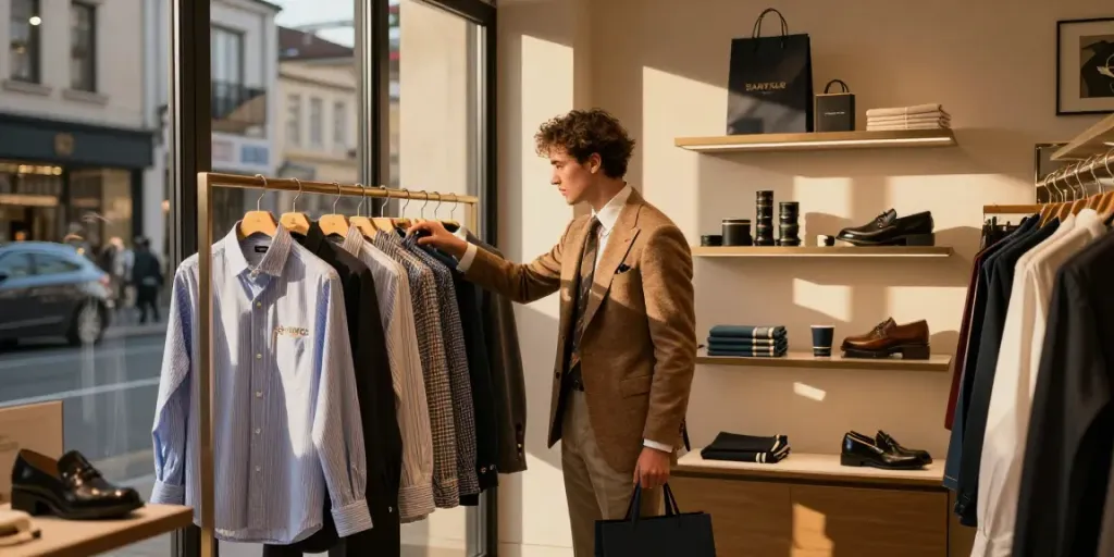 Men's classic clothing showcased in urban boutique with tailored suits and accessories.