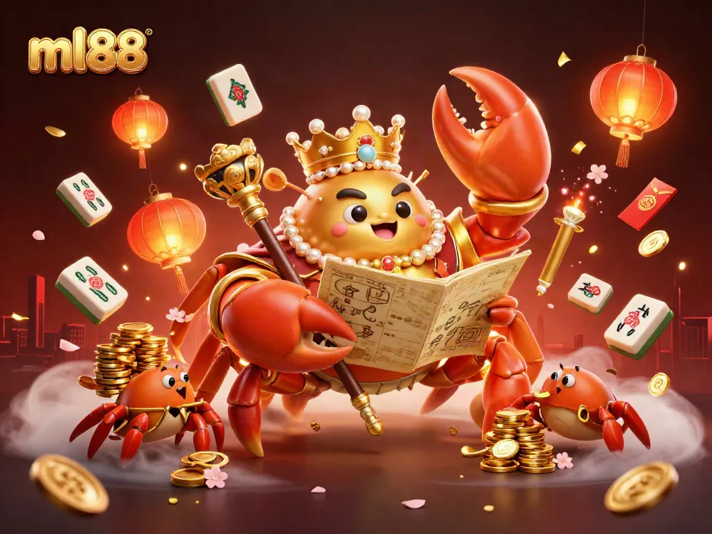 Engage with the exciting world of ml88, featuring a lavish crab emperor amidst floating casino symbols and festive decorations.