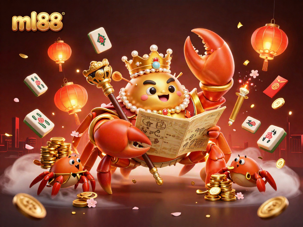 Engage with the exciting world of ml88, featuring a lavish crab emperor amidst floating casino symbols and festive decorations.