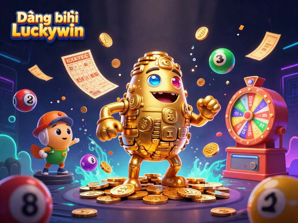 Experience the thrill of Đăng ký Luckywin with golden golems, vibrant casino elements, and a dynamic gaming atmosphere.