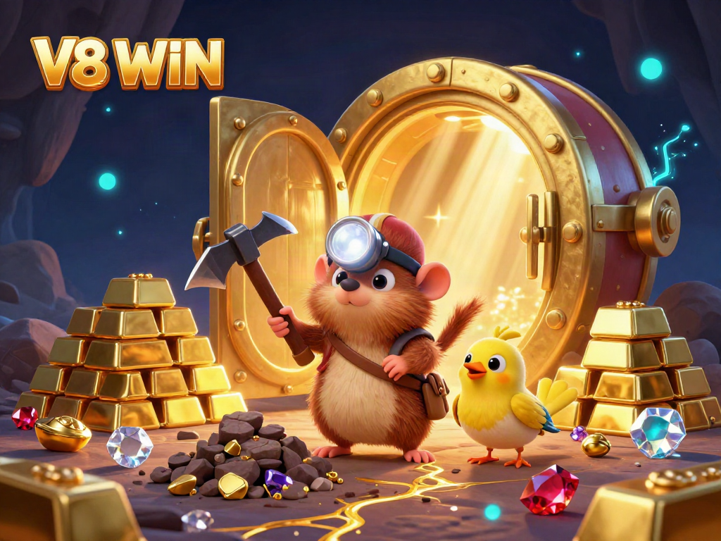 Experience the thrill of V8 WIN with a treasure hunter mole surrounded by gold and gems in a vibrant casino scene.