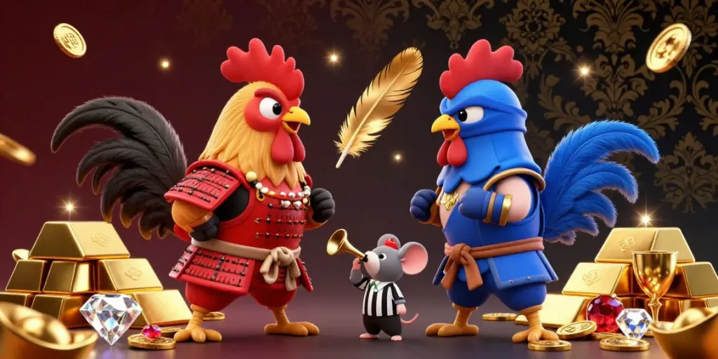 tk8888 showcases a dramatic showdown between cartoon fighting roosters with gold and gem elements in a vibrant casino setting.