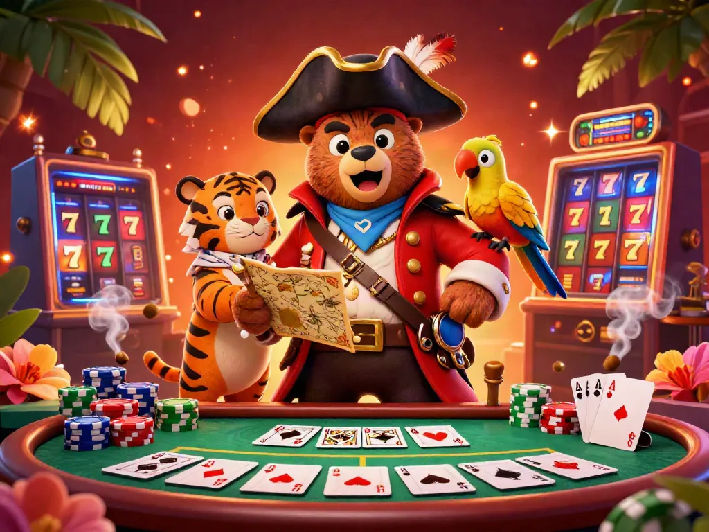Experience thrilling gameplay with f168vip in this dynamic casino scene featuring a bear pirate and companions.