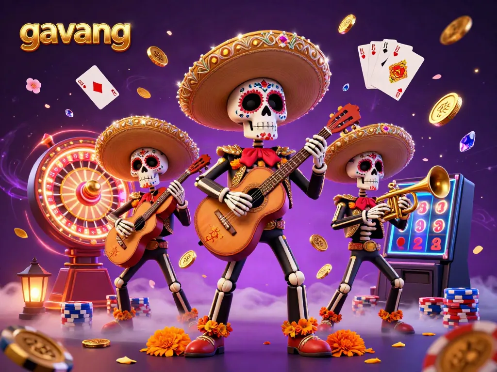 Experience the vibrant essence of gavang with a lively skeleton mariachi band amidst dazzling casino elements.