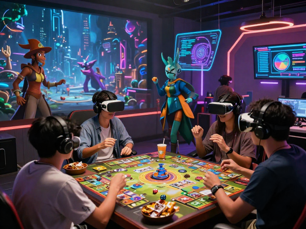 Engaging AI roleplay scene with user in VR headset surrounded by animated characters and gaming elements.