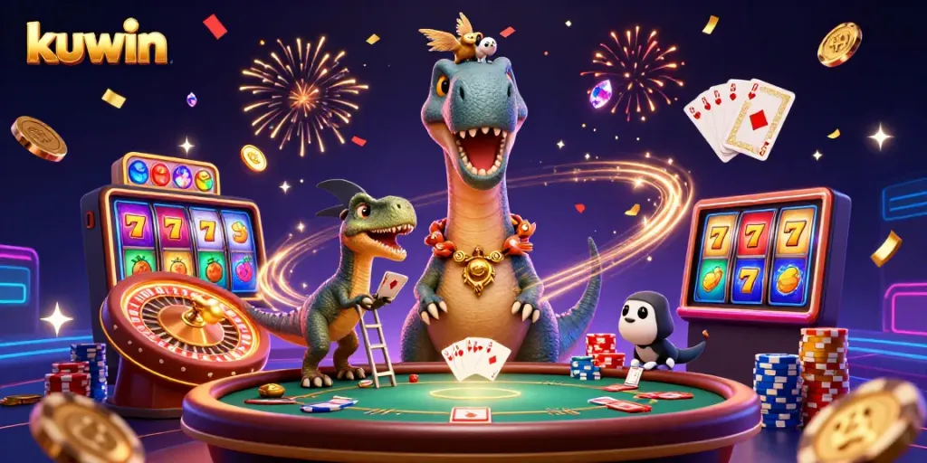 Kuwin's vibrant casino scene featuring a towering brontosaurus and clever raptor dealing cards.
