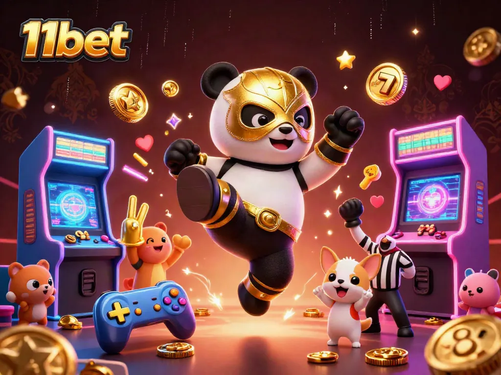 Engage with 11bet's vibrant gaming experience featuring a panda wrestler and electrifying casino elements.