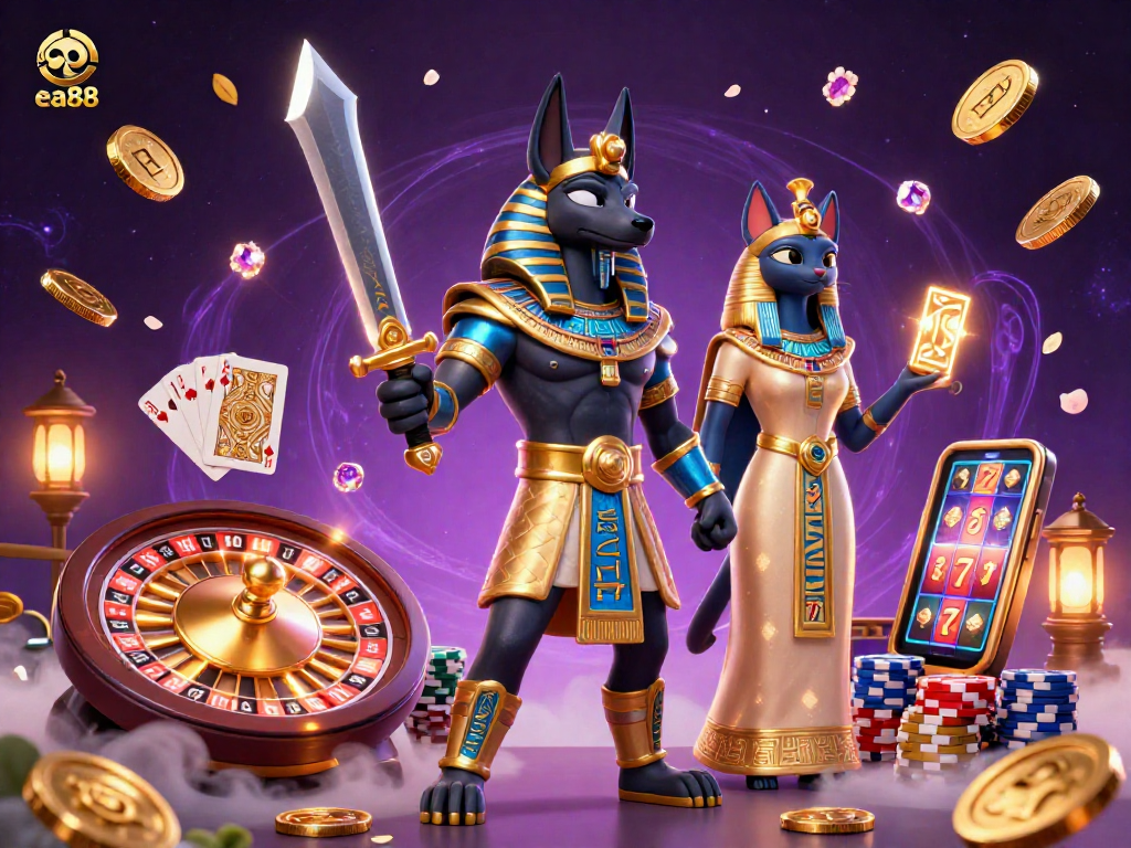 ea88 casino scene with Anubis warrior and Bastet, surrounded by golden coins and gaming elements.