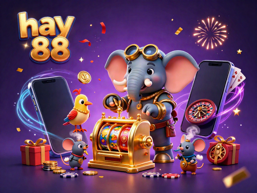 Play games and win big with hay 88 as the steampunk elephant operates a vibrant slot machine scene.