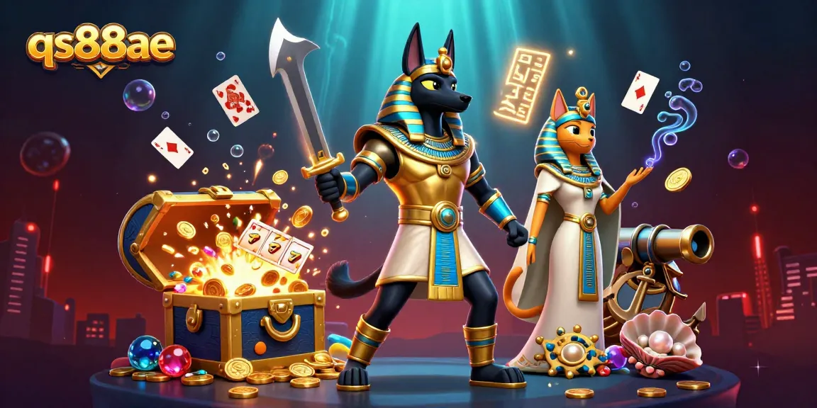 Experience the excitement of qs88ae with Anubis and Bastet in a vibrant 3D casino scene.