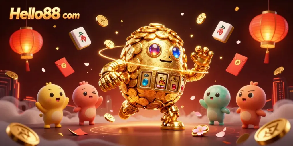Experience thrilling gameplay at Hello88 com with golden golem surrounded by festive elements.