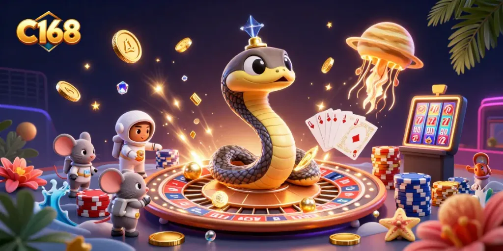 Place bets and win at C168 with animated casino elements and playful characters.