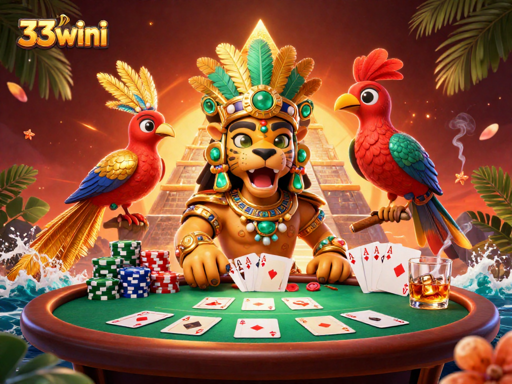 Experience thrilling poker action at 33wini with a vibrant 3D Mayan-inspired casino scene.