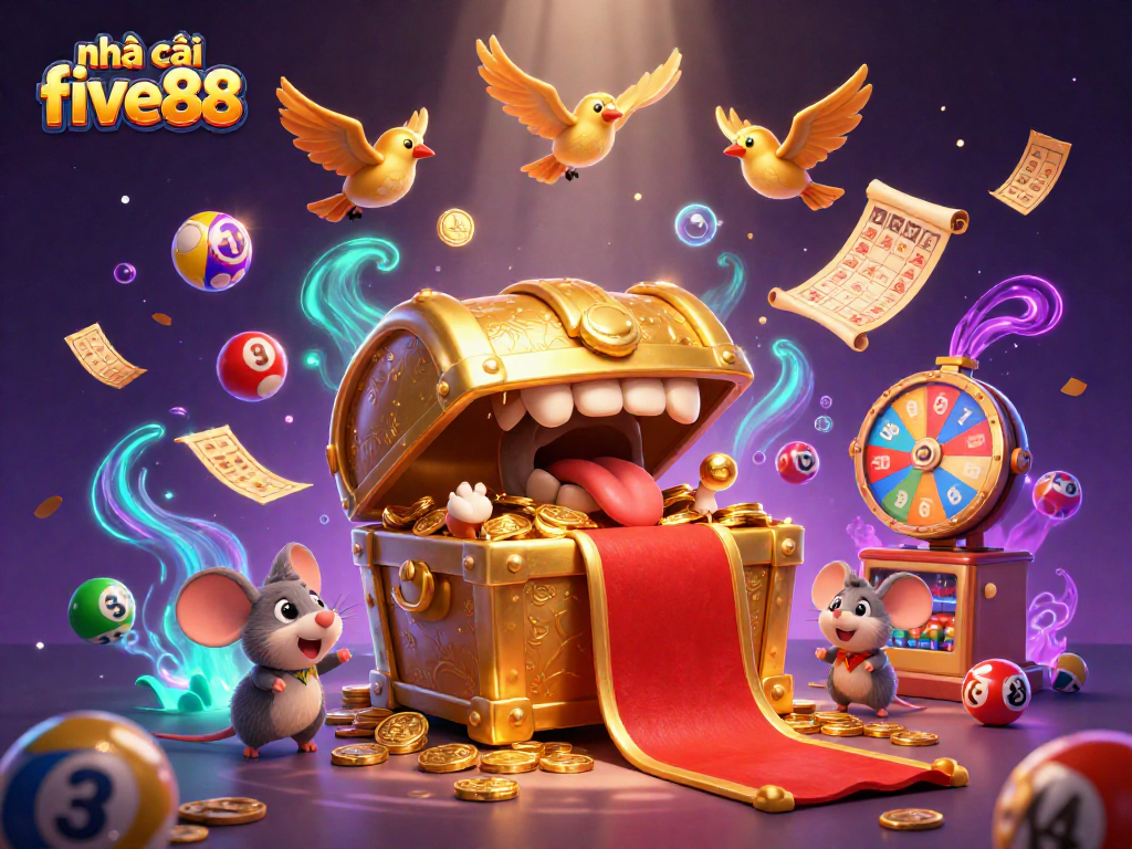 The dynamic scene showcases nhà cái five88 with a treasure chest, lottery elements, and vibrant casino effects.