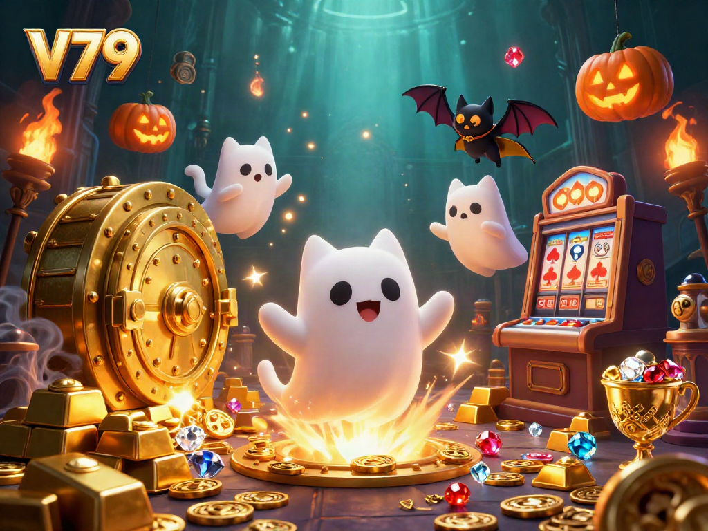 Chơi game tại V79 với các biểu tượng tiền thưởng lấp lánh và linh vật huyền bí