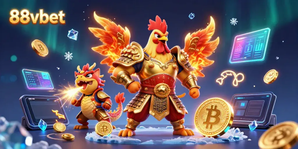 88vbet showcases an exciting digital casino scene with a warrior rooster and dragon amidst crypto elements.