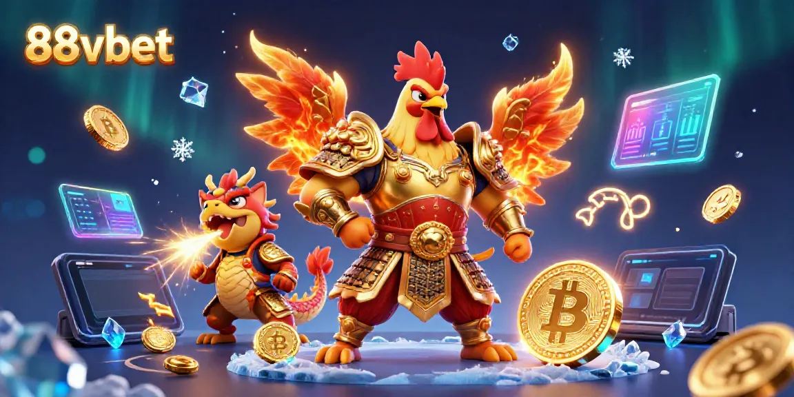 88vbet showcases an exciting digital casino scene with a warrior rooster and dragon amidst crypto elements.