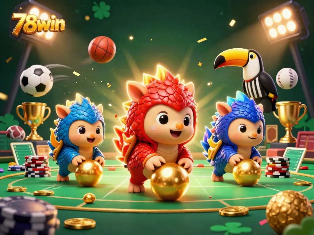 Engaging 78win casino scene with rival pangolins rolling into golden balls amid sports elements and vibrant lights.