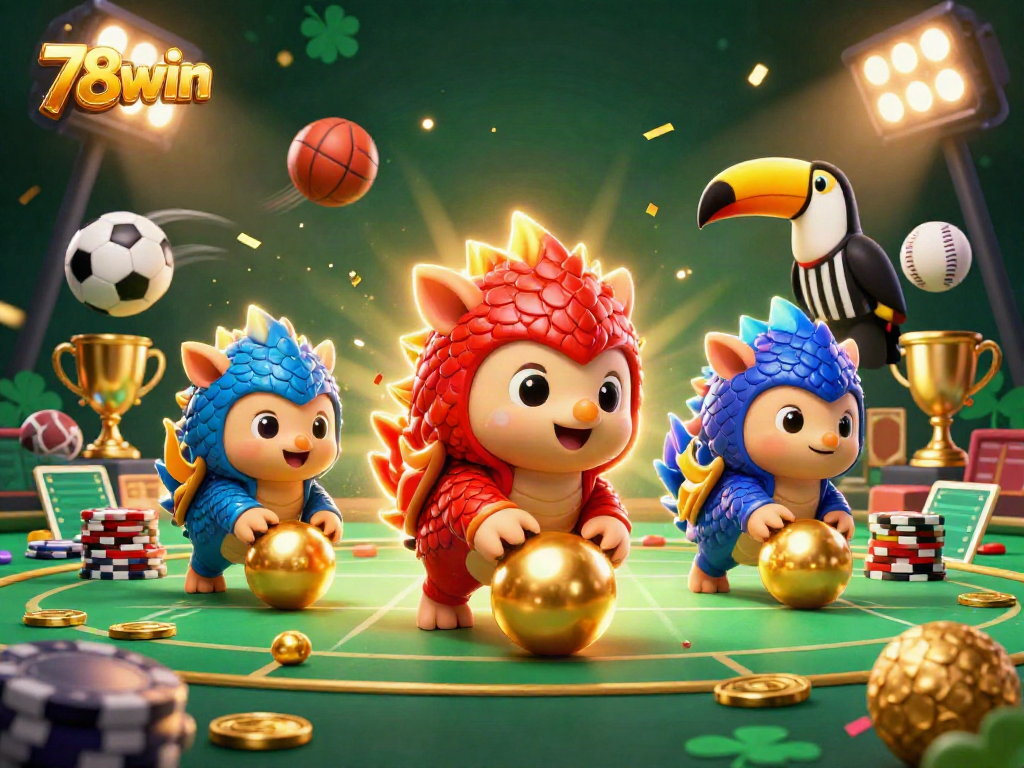 Engaging 78win casino scene with rival pangolins rolling into golden balls amid sports elements and vibrant lights.