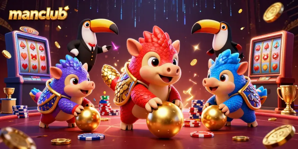 Win big with manclub as playful pangolins celebrate at a dynamic casino scene.