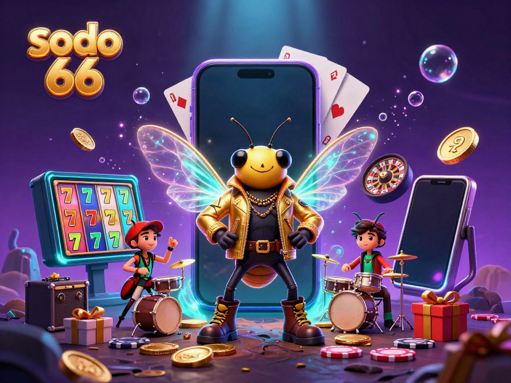 Experience vibrant casino thrills with sodo 66 in a colorful 3D scene featuring rockstar characters.
