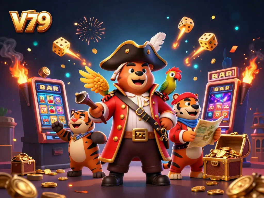 Engage in thrilling action with V79, capturing pirates and casino excitement in a colorful scene.
