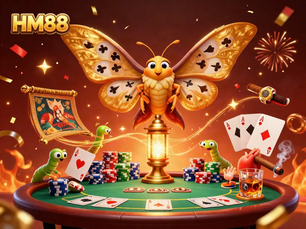 Experience HM88 with a vibrant casino scene featuring a golden atlas moth, poker elements, and celebration effects.