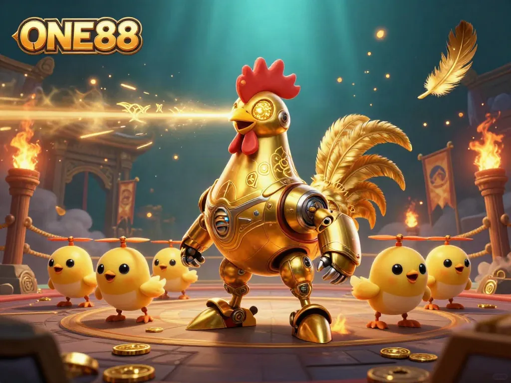 Engage with ONE88's vibrant casino adventure featuring a golden rooster robot and baby chick drones in action.